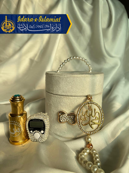 Velvet Tasbeeh box with ittar and Gold Plated Tasbeeh along with fancy counter