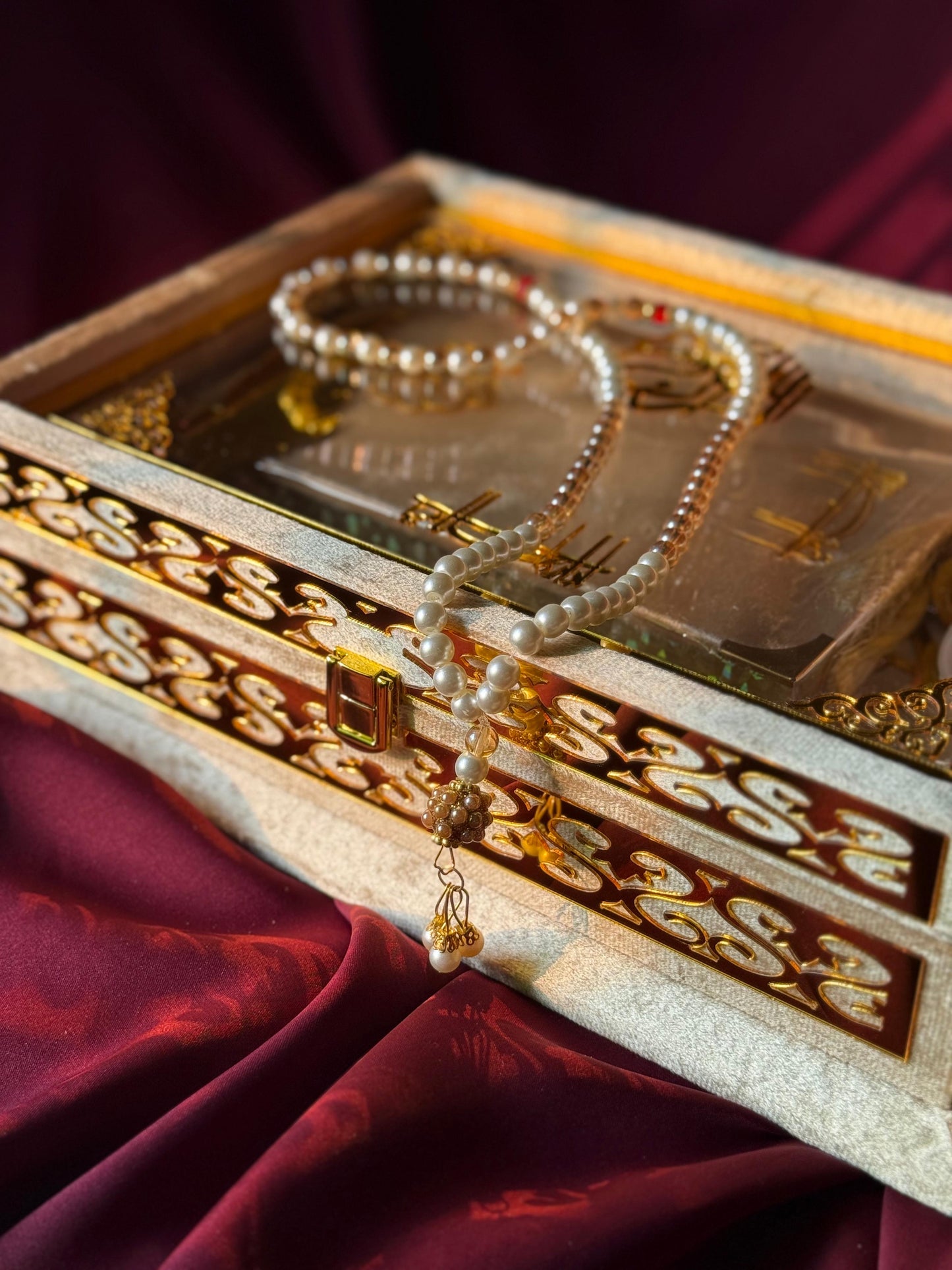 Ziwaj Golden Transparent Set ,Velvet Rahal, Velvet Box , Ittar , Tasbeeh , Counter , Prayer Mat