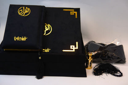 Black Velvet Tazkira Quran Set (Ittar , customise Tasbeeh Gold plated , scarf , Prayer Mat)