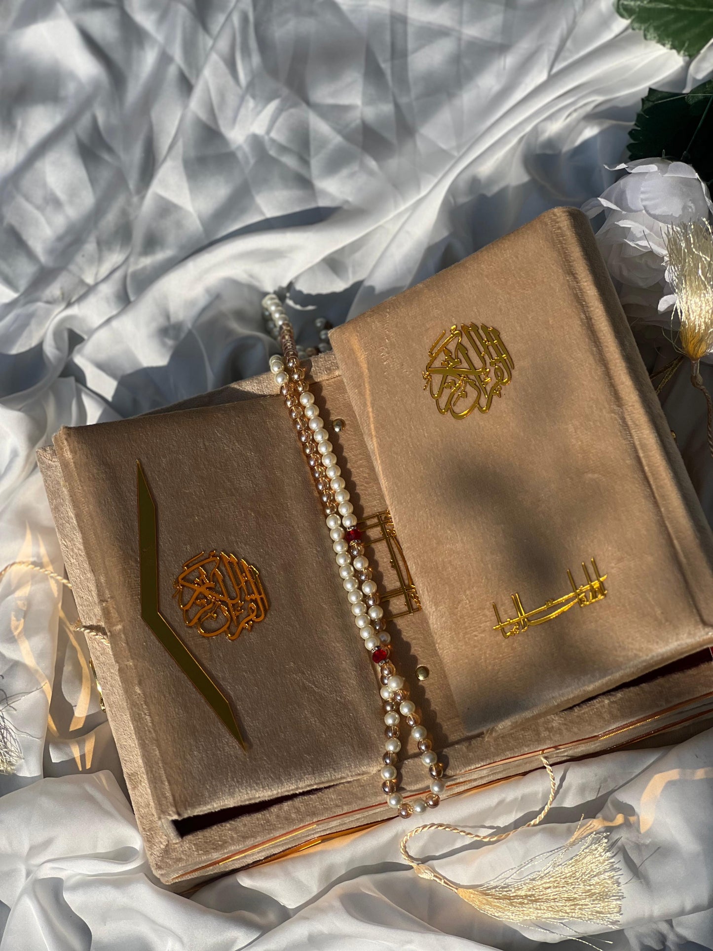 Golden Velvet Bridal Quran Set ( Ittar , Tasbeeh , Rahal box , Velvet Quran)