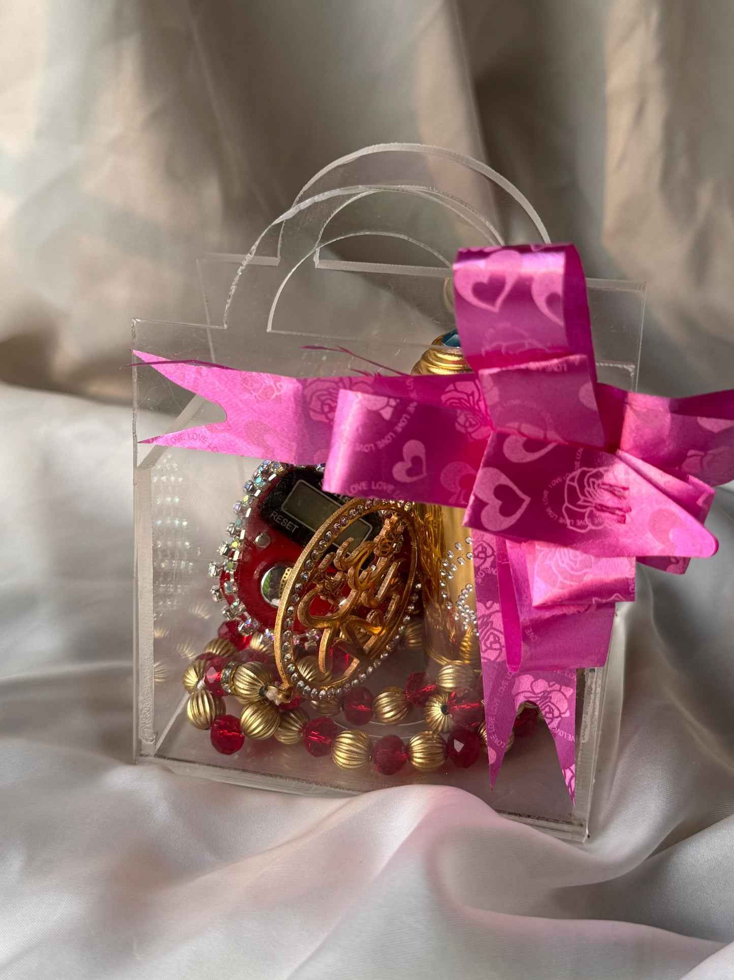 Zikar Gift Box (Acrylic Gift Packing Box , White Oud , Gold Plated Cutomise Tasbeeh , Beads Counter )