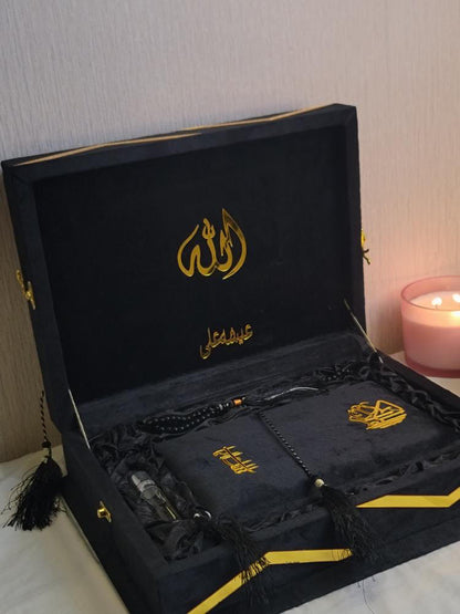 Black Velvet Quran Set (Tasbeeh , Ittar , Velvet Rahal Box , Velvet Quran)