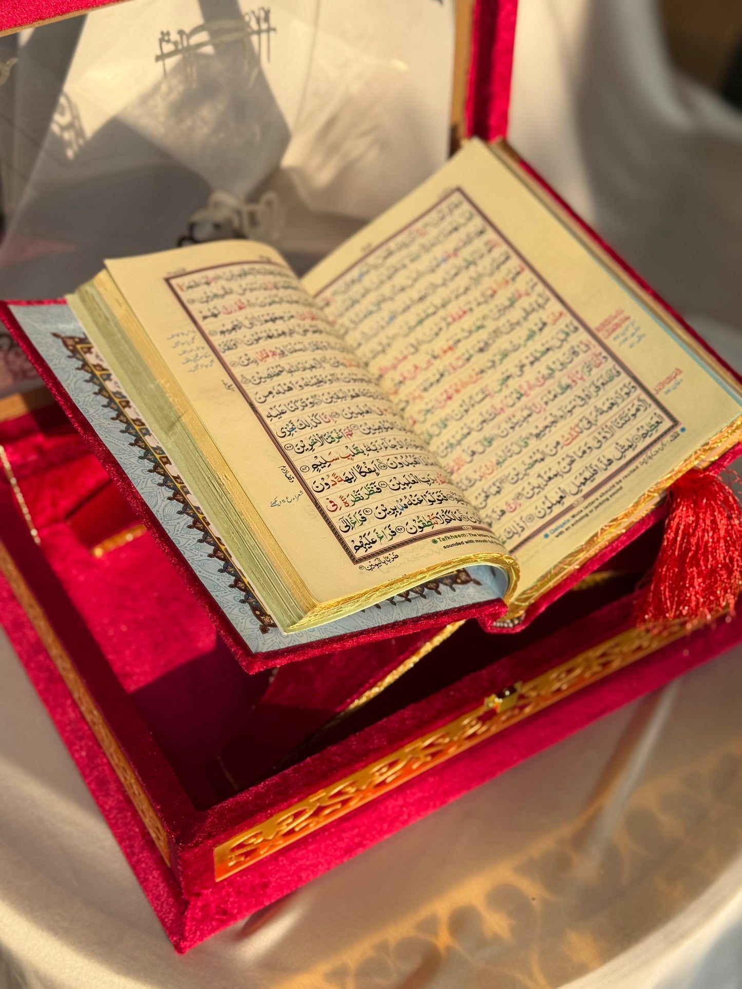 Ziwaj Quran Set , Transparent Bridal Velvet Red Quran Set , ittar , Tasbeeh , velvet Rahal , Counter Tasbeeh , Book Mark , Matching Janamz