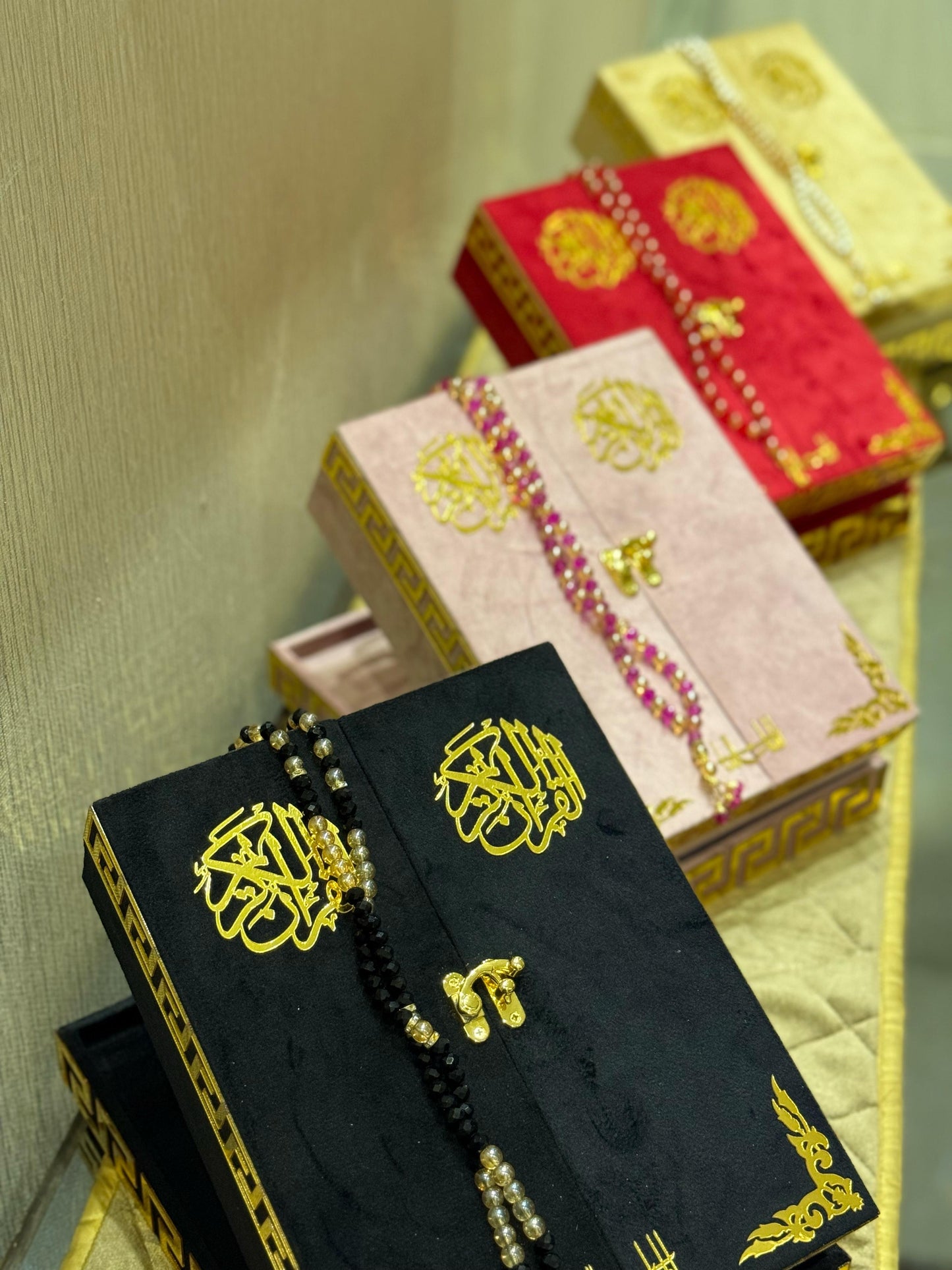 Al Kitab Golden Velvet Standing Quran Set, Standing Rahl Box , Velvet Quran , Counter Tasbeeh ,Matching Tabsbeeh , Bookmark , Matching Janamz , Customise Name