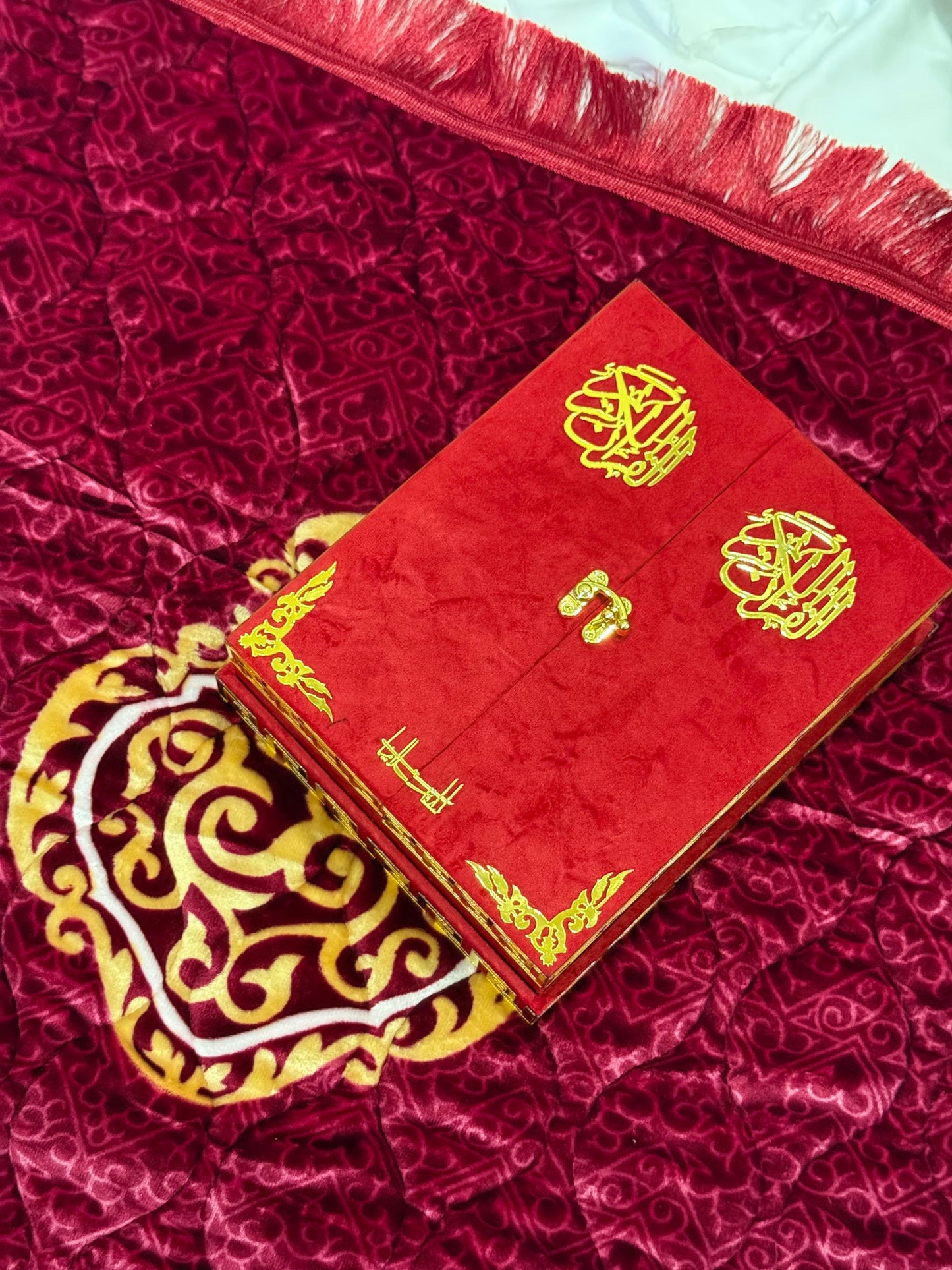 Al Kitab Red Bridal Quran Set , Standing Rahl Box , Velvet Quran , Counter Tasbeeh ,Matching Tabsbeeh , Bookmark , Matching Janamz , Customise Name