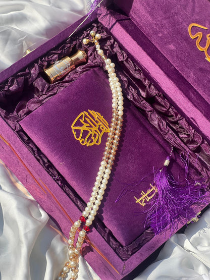 Purple Velvet Gift Quran Set ( Ittar , Matching Tasbeeh ,Rahal Box , Velvet Quran , Carton Box , Delivery Free)