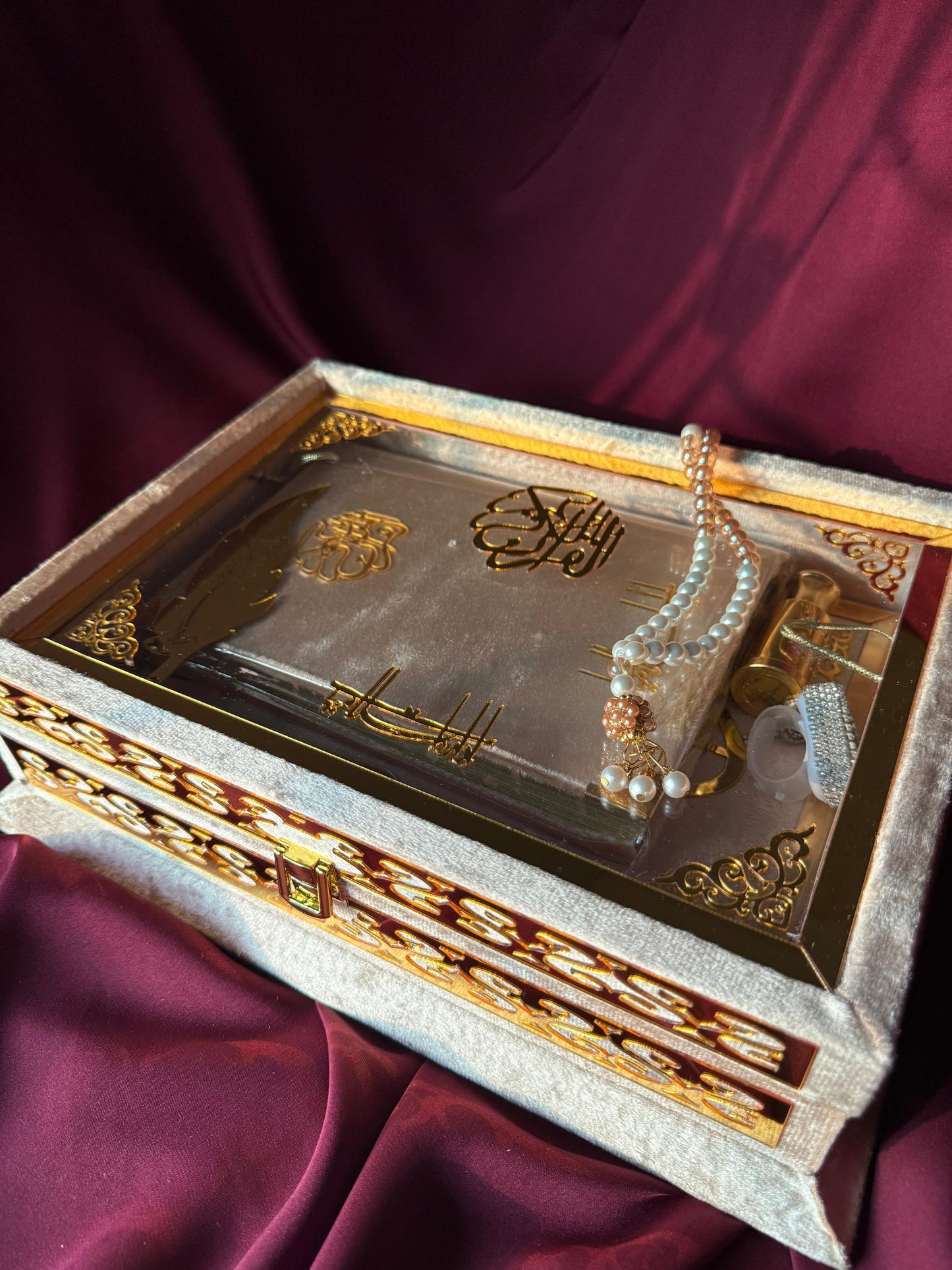 Ziwaj Golden Transparent Set ,Velvet Rahal, Velvet Box , Ittar , Tasbeeh , Counter , Prayer Mat