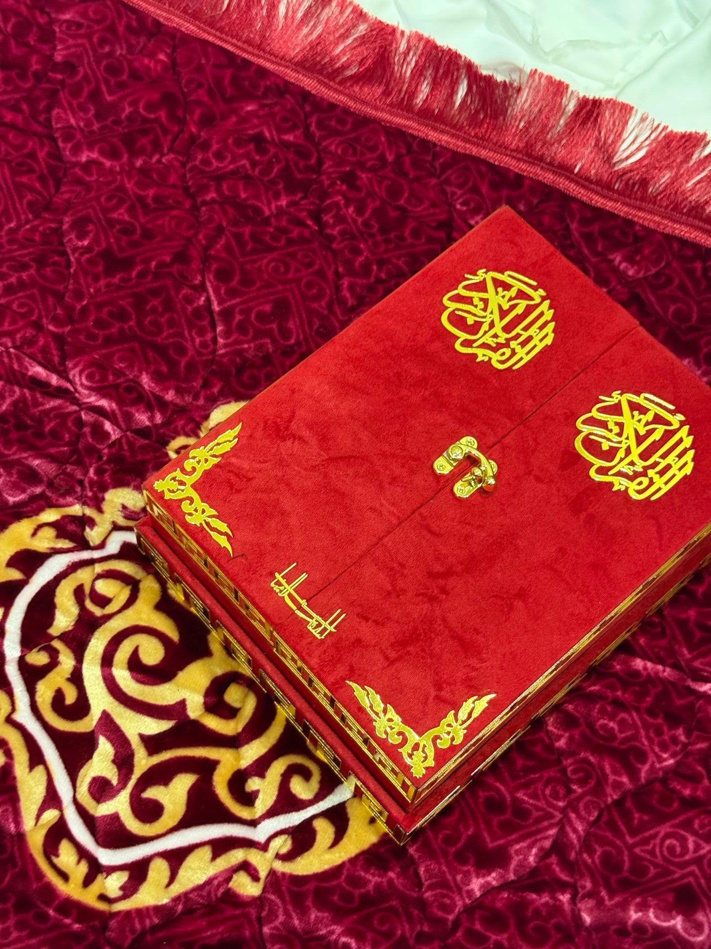 Al Kitab Red Bridal Quran Set , Standing Rahl Box , Velvet Quran , Counter Tasbeeh ,Matching Tabsbeeh , Bookmark , Matching Janamz , Customise Name