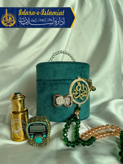Velvet Tasbeeh box with ittar and Gold Plated Tasbeeh along with fancy counter