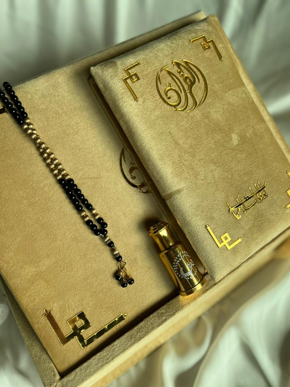 Tazkira Golden Quran Set with Matching Scarf , Gold Plated Tasbeeh , Ittar oud , Velvet Quran , Rahal Box Inclined and Prayer Mat
