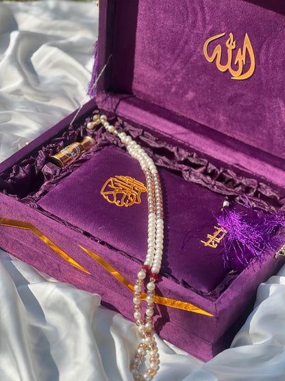 Purple Velvet Gift Quran Set ( Ittar , Matching Tasbeeh ,Rahal Box , Velvet Quran , Carton Box , Delivery Free)