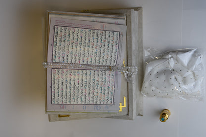 Pearl White Tazkira Quran Set (Ittar  , Scarf Gold Plated Tasbeeh, Janamz)