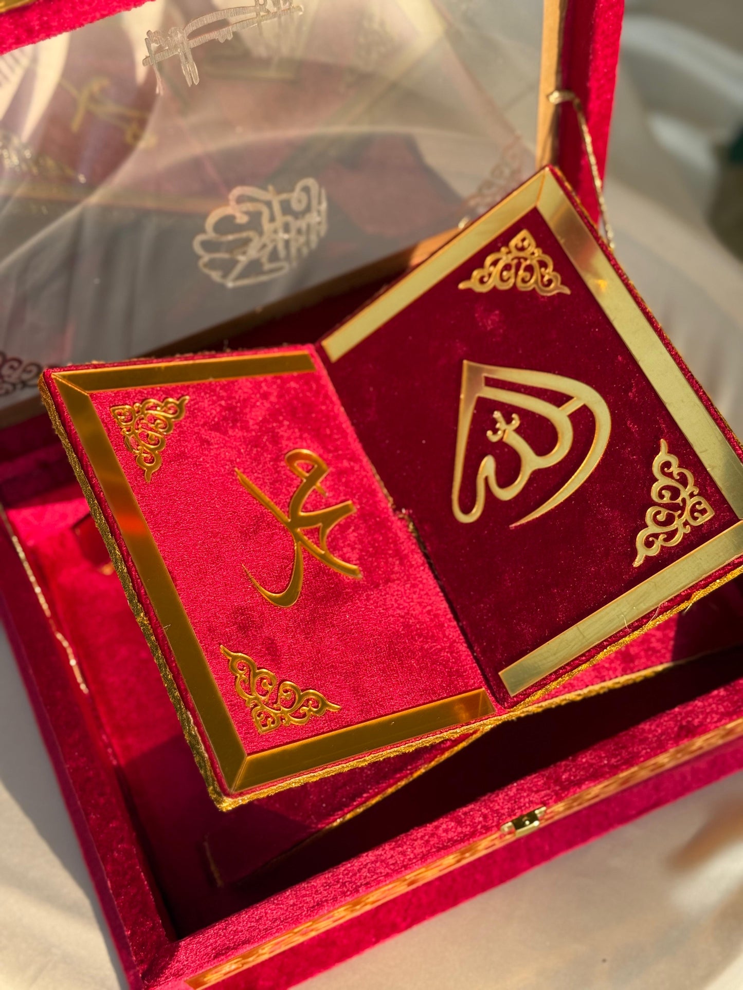 Ziwaj Quran Set , Transparent Bridal Velvet Red Quran Set , ittar , Tasbeeh , velvet Rahal , Counter Tasbeeh , Book Mark , Matching Janamz