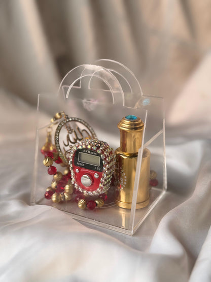 Zikar Gift Box (Acrylic Gift Packing Box , White Oud , Gold Plated Cutomise Tasbeeh , Beads Counter )
