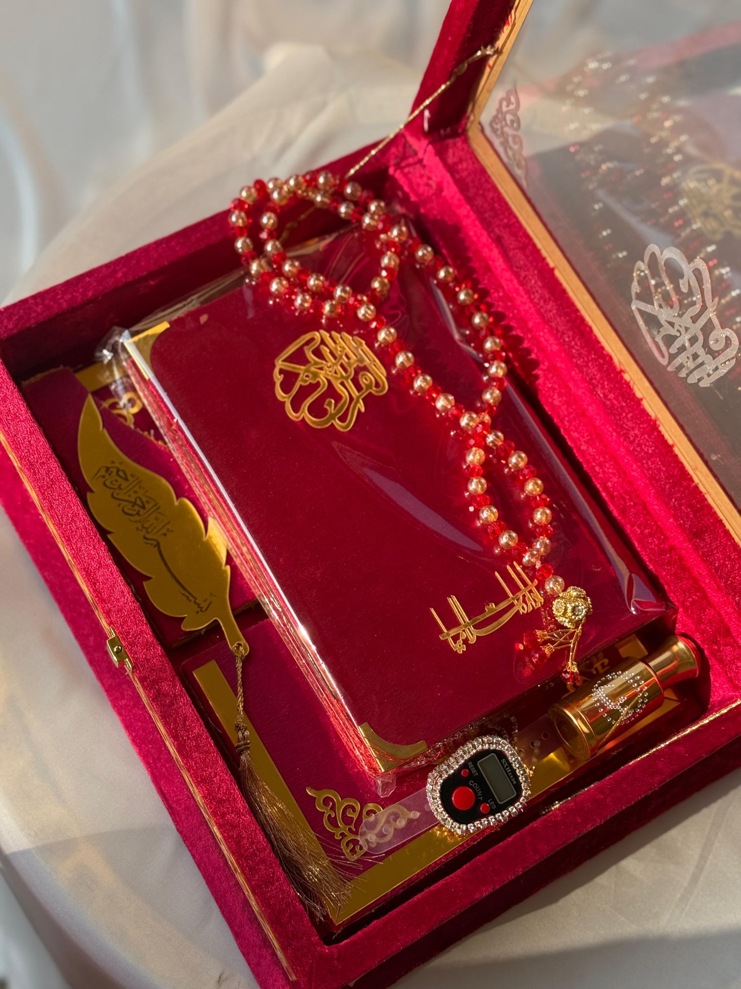 Ziwaj Quran Set , Transparent Bridal Velvet Red Quran Set , ittar , Tasbeeh , velvet Rahal , Counter Tasbeeh , Book Mark , Matching Janamz