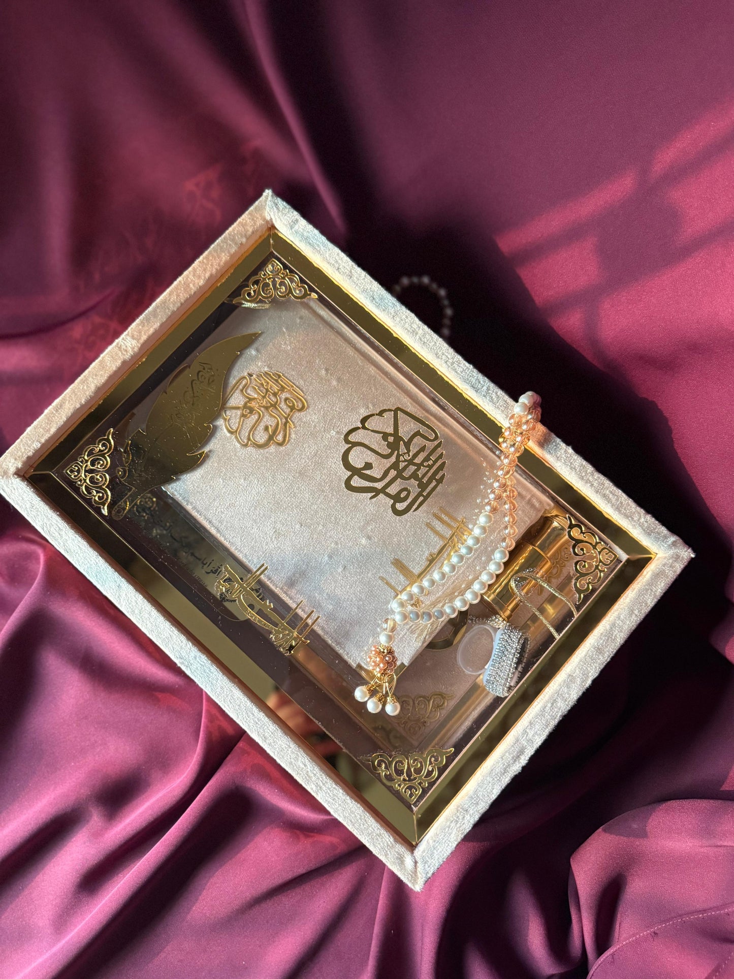 Ziwaj Golden Transparent Set ,Velvet Rahal, Velvet Box , Ittar , Tasbeeh , Counter , Prayer Mat