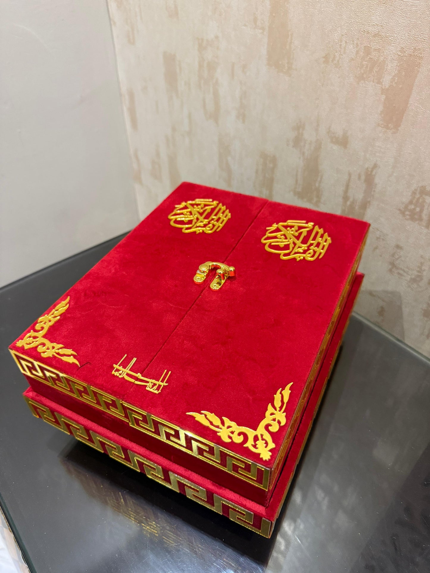 Al Kitab Red Bridal Quran Set , Standing Rahl Box , Velvet Quran , Counter Tasbeeh ,Matching Tabsbeeh , Bookmark , Matching Janamz , Customise Name