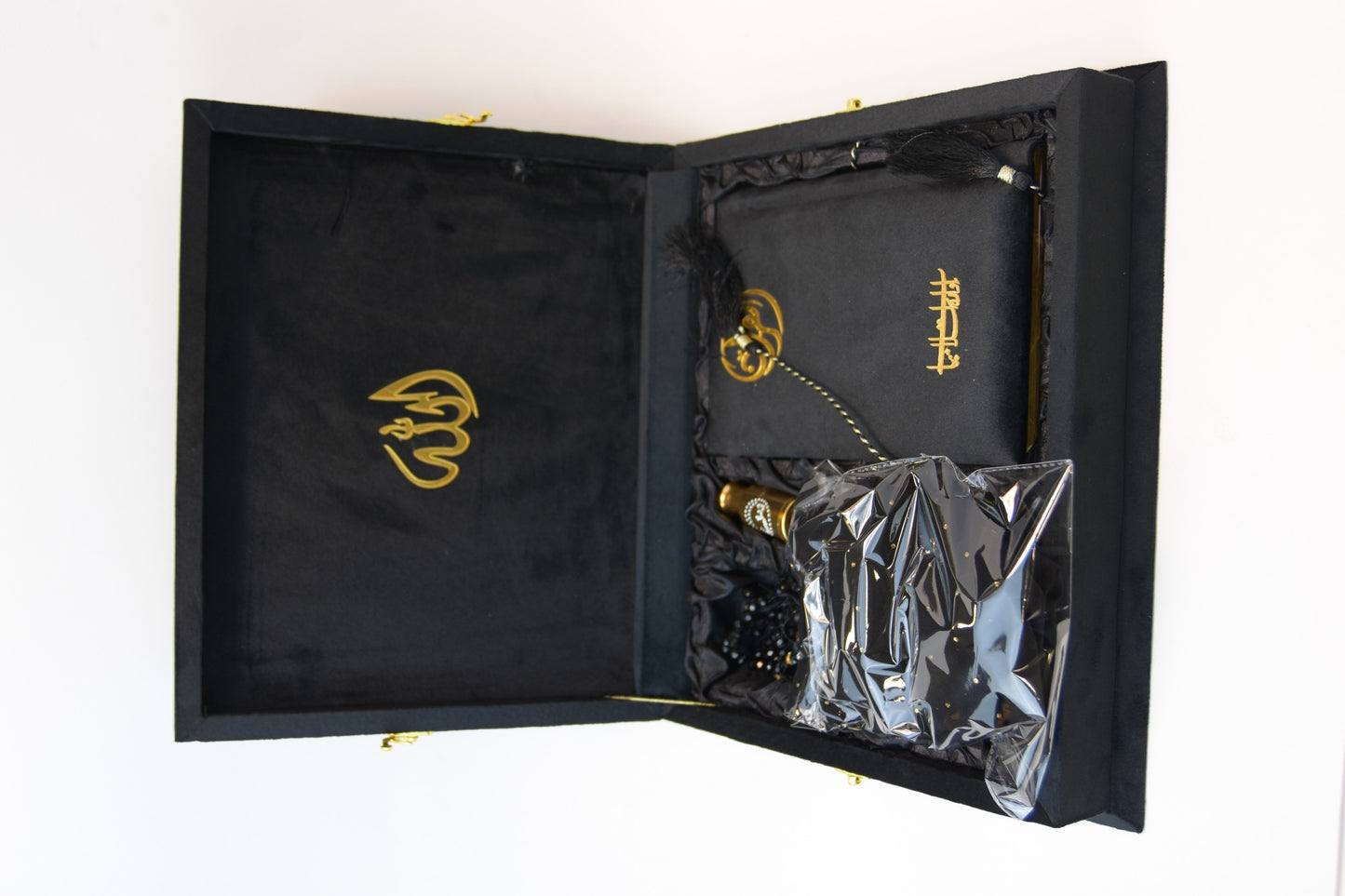 Black Velvet Tazkira Quran Set (Ittar , customise Tasbeeh Gold plated , scarf , Prayer Mat)