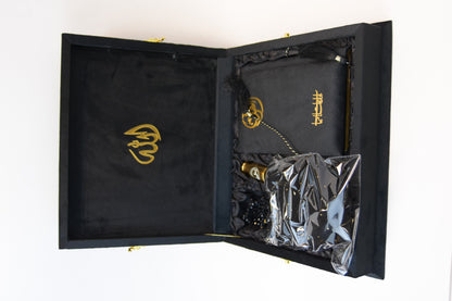 Black Velvet Tazkira Quran Set (Ittar , customise Tasbeeh Gold plated , scarf , Prayer Mat)
