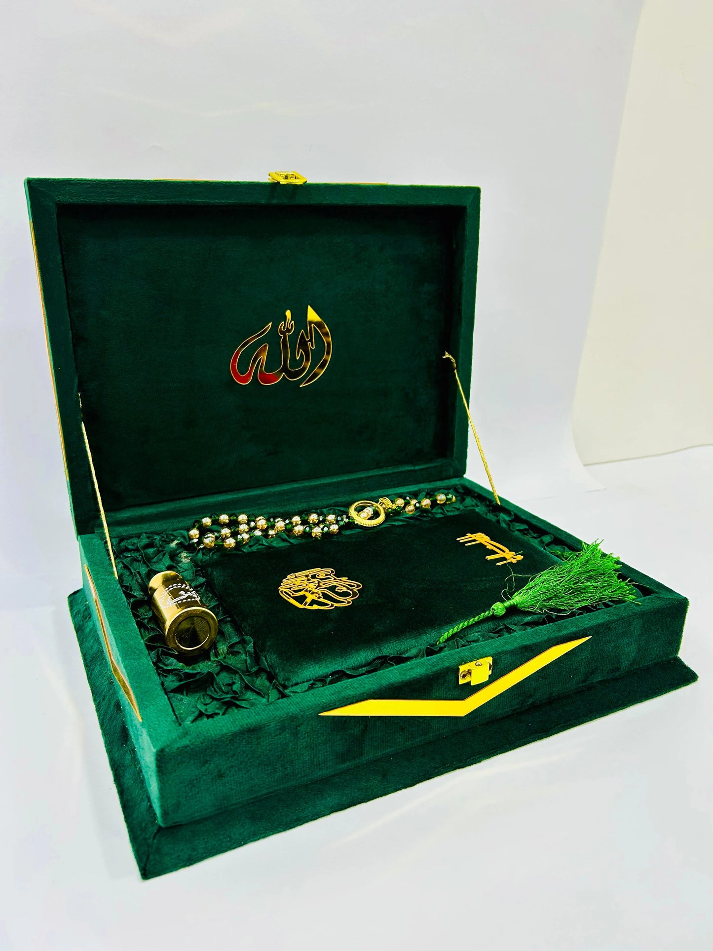 Green Meadow Velvet Quran Set (Tasbeeh , Ittar , Velvet Rahal Box , Velvet Quran)