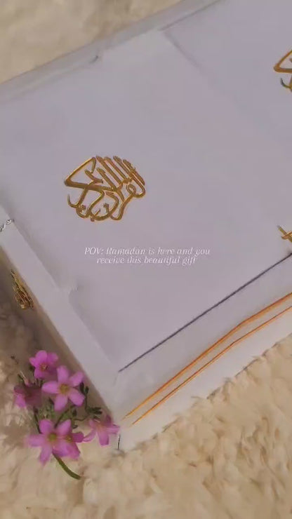 White Pearl Velvet Quran Set (Tasbeeh , Ittar , Velvet Rahal Box , Velvet Quran)