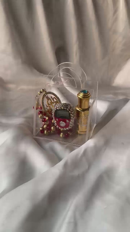 Zikar Gift Box (Acrylic Gift Packing Box , White Oud , Gold Plated Cutomise Tasbeeh , Beads Counter )