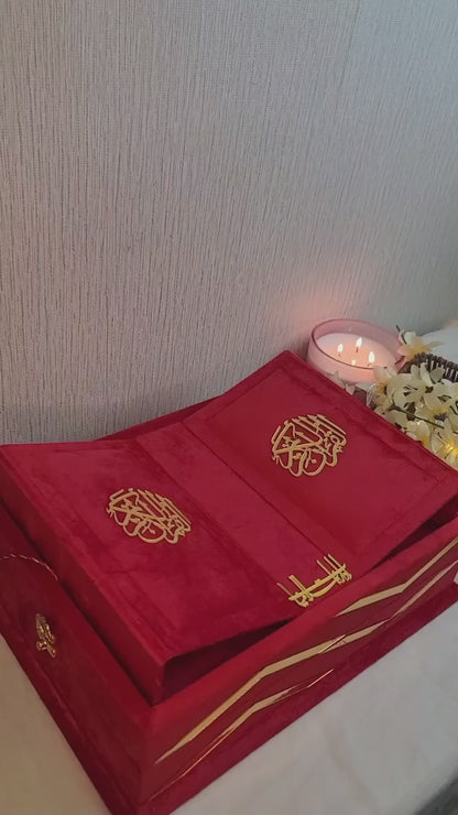 Red Velvet Bridal Quran Set (Ittar , tasbeeh , Prayer Mat, Velvet Box/ Rahal Box)