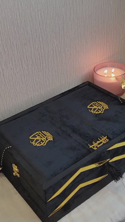 Black Velvet Quran Set (Tasbeeh , Ittar , Velvet Rahal Box , Velvet Quran)