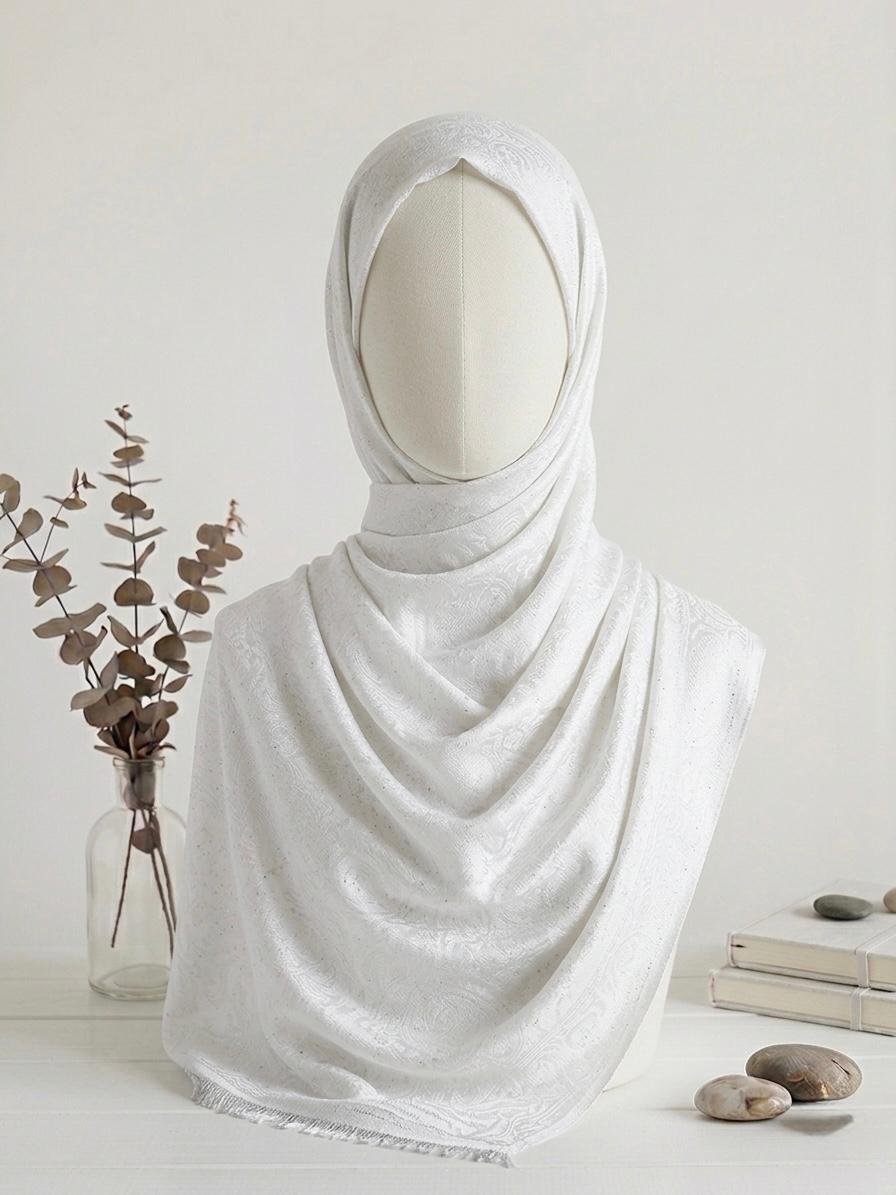 Fancy Self-Print Party Wear Scarf - Islamic Hijab | White