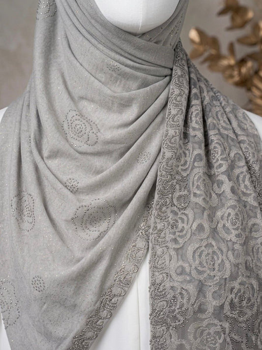 Fancy Stone Work Net (Burn Out) Scarf - Islamic Hijab | Light Grey