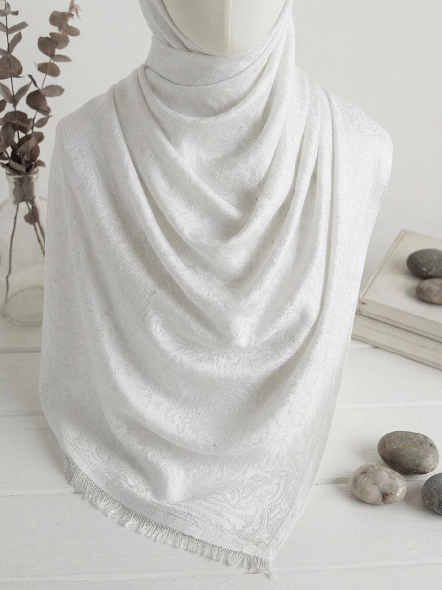 Fancy Self-Print Party Wear Scarf - Islamic Hijab | White