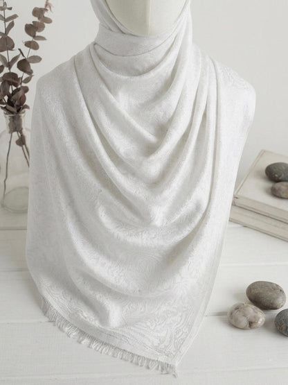 Fancy Self-Print Party Wear Scarf - Islamic Hijab | White