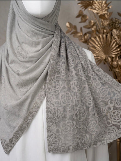 Fancy Stone Work Net (Burn Out) Scarf - Islamic Hijab | Light Grey