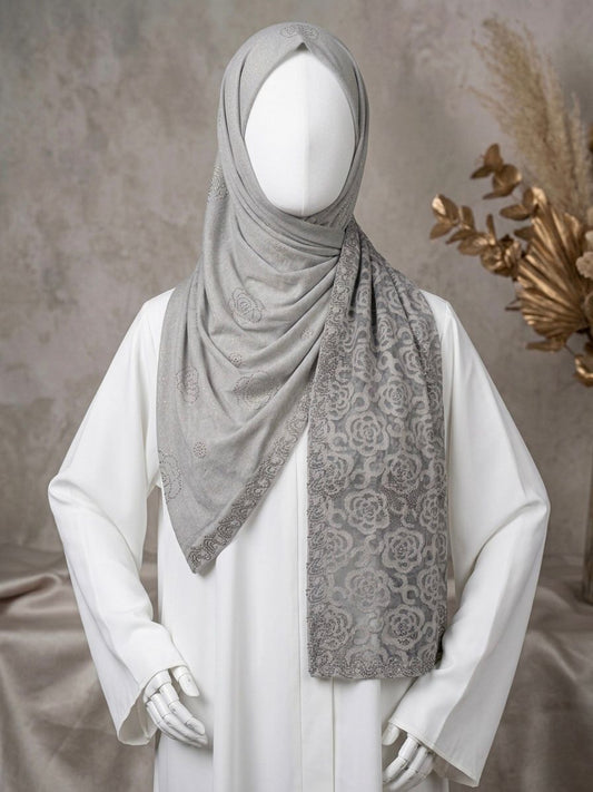 Fancy Stone Work Net (Burn Out) Scarf - Islamic Hijab | Light Grey