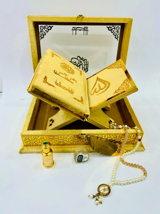 Ziwaj Golden Transparent Set ,Velvet Rahal, Velvet Box , Ittar , Tasbeeh , Counter , Prayer Mat
