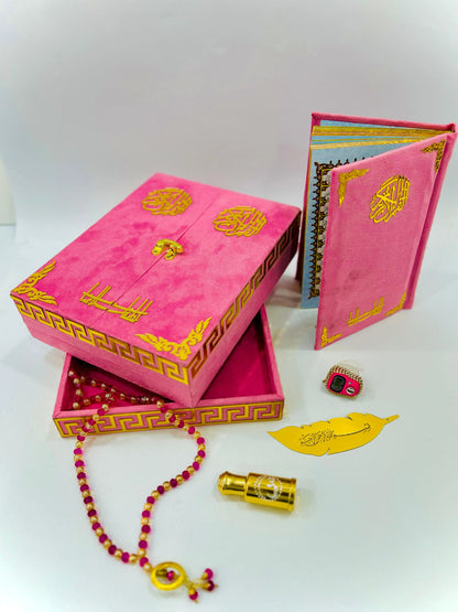 Al Kitab Pink Velvet Standing Quran Set , Standing Rahl Box , Velvet Quran , Counter Tasbeeh ,Matching Tabsbeeh , Bookmark , Matching Janamz , Customise Name