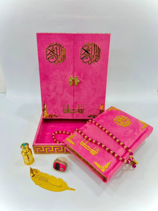 Al Kitab Pink Velvet Standing Quran Set , Standing Rahl Box , Velvet Quran , Counter Tasbeeh ,Matching Tabsbeeh , Bookmark , Matching Janamz , Customise Name
