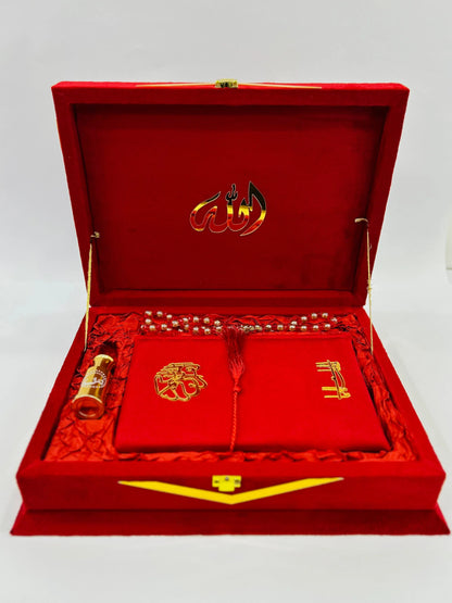 Bridal Red Velvet Translation Quran Set with Tafseer (Ittar ,Tasbeeh , Rahal Box Velvet , Quran , Prayer Mat)